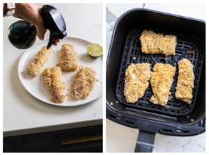 Showing coated fish sprayed with oil and browned in an air fryer basket.